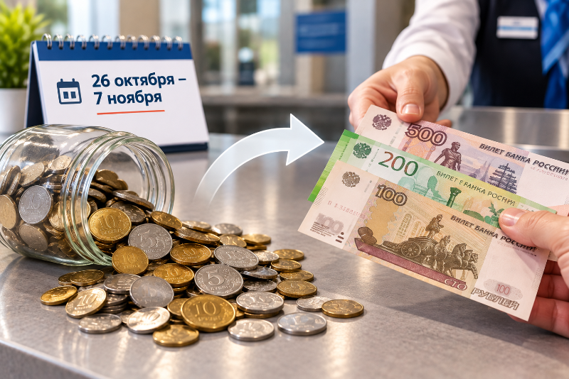 Обменять накопившуюся мелочь на банкноты